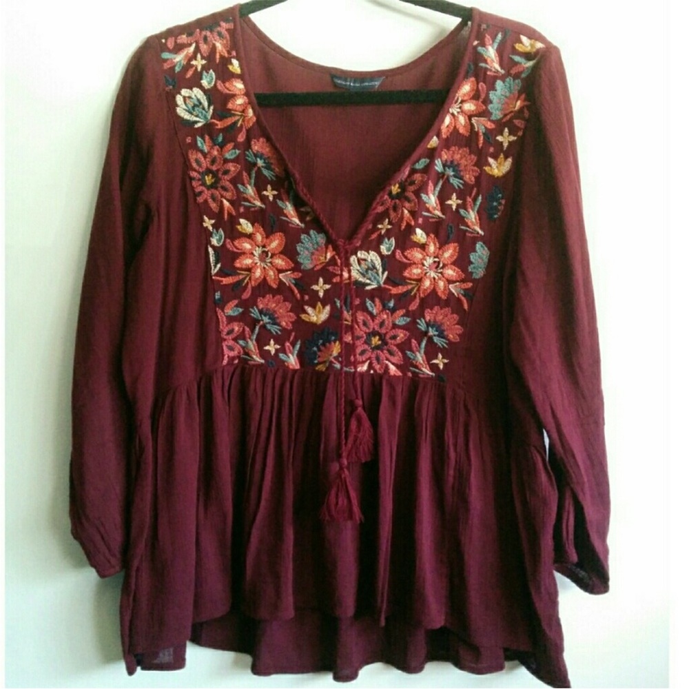 Boho Embroidered Burgundy Peasant Top